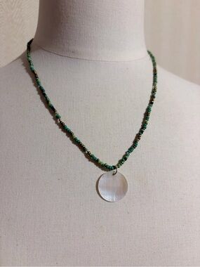 Green Beaded Necklace with Mother-of-Pearl Pendant